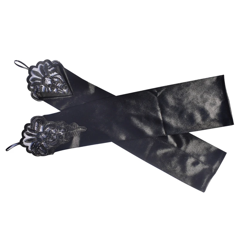 Long Satin Sexy Lace Embroidery Hook Finger Gloves Retro Party Women Etiquette Drive Cosplay Dinner Dance Mittens for Female