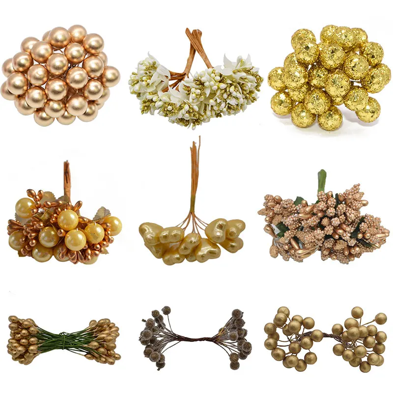 Gold Mini Plastic Artificial Flower Stamen Fruit Cherry Berries DIY Christmas Wedding Wreath Craft Fake Flower Home Decoration