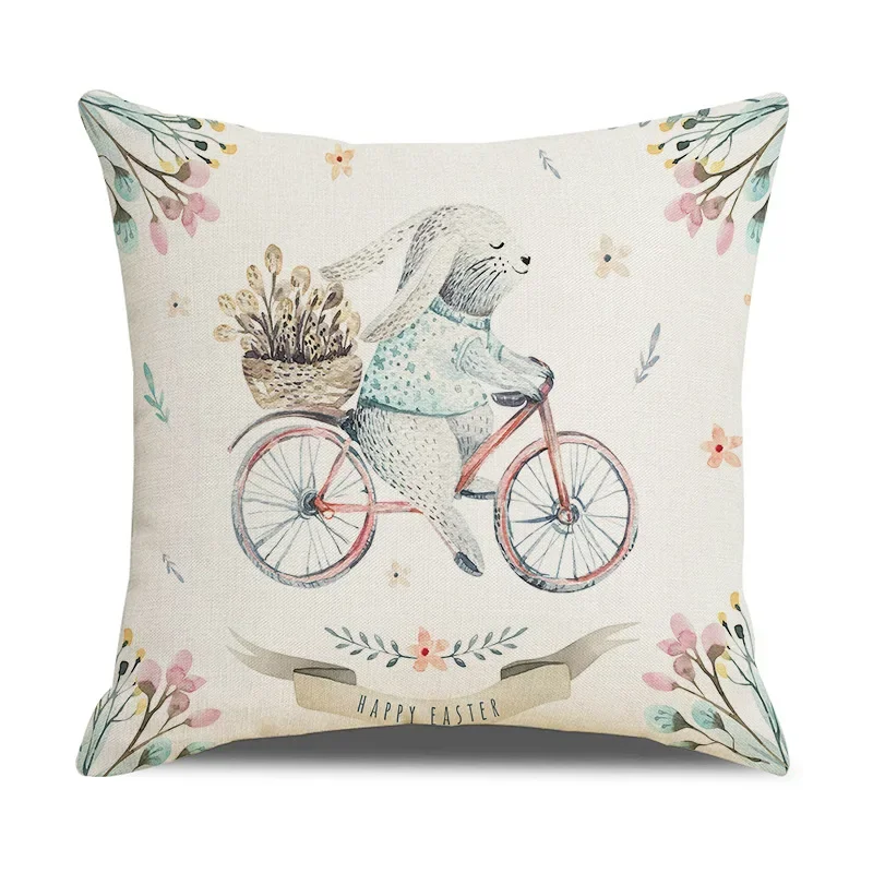 Wholesale New Easter Pillow Cover Cartoon Happy Egg Rabbit Flower Basket Linen Digital Printing Home