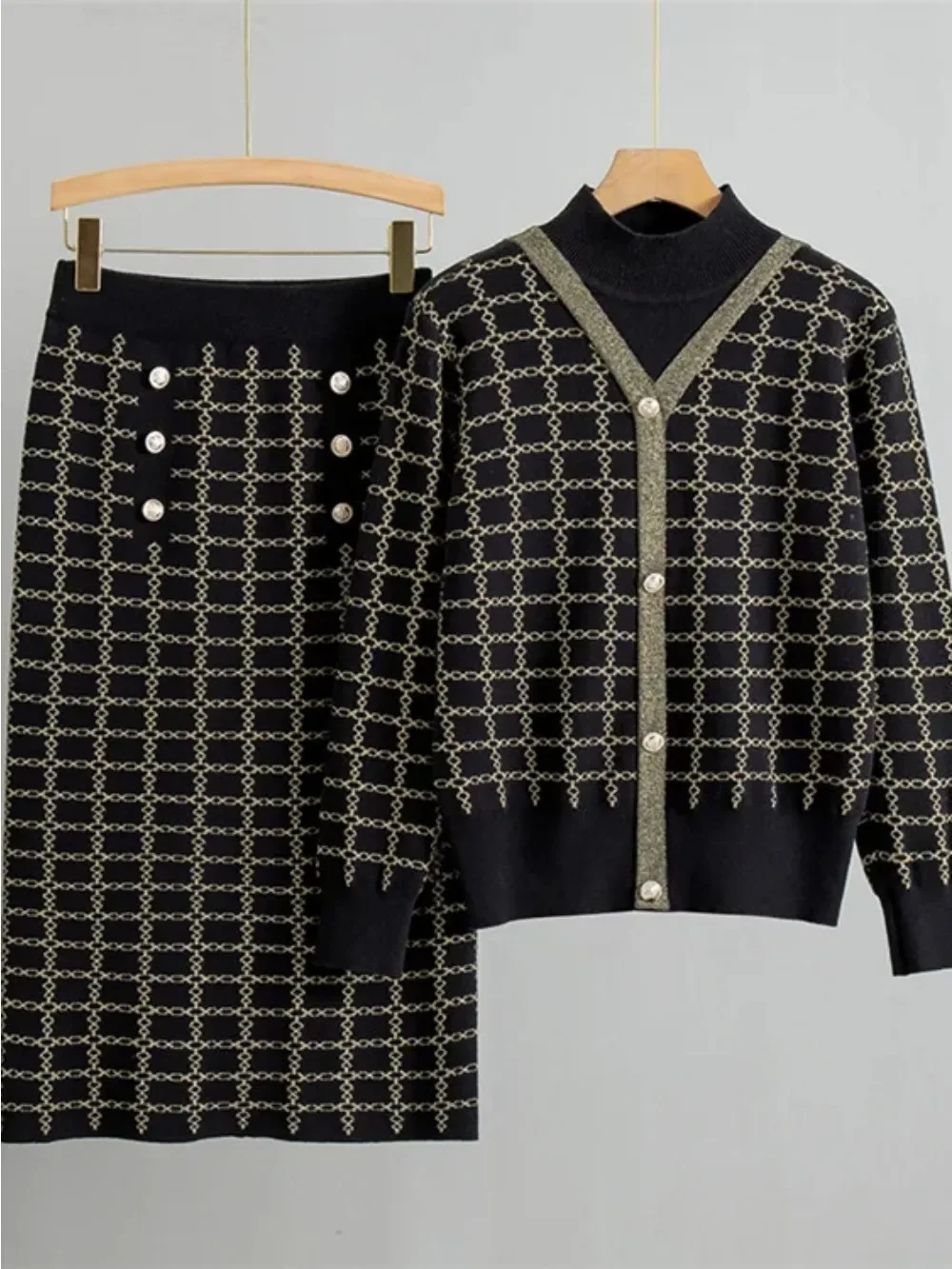 المرأة محبوك سترة قطعتين مجموعة سترة واحدة الصدر معطف تنورة طويلة دعوى الحياكة التنانير وتتسابق العربية فرقة 2025 #6