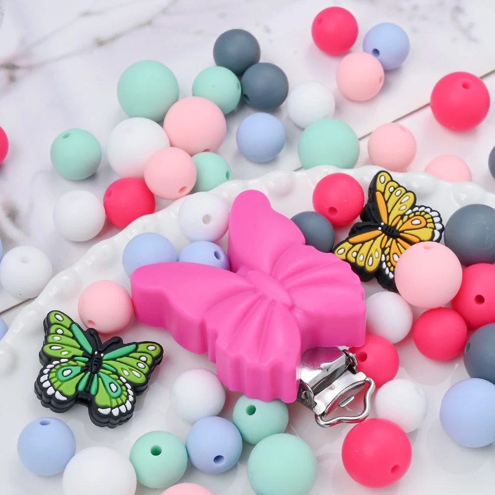 

23pcs Silicone Beads Set Butterfly Clips Round Teether Beads For DIY Pacifier Chain Beaded Pen KeyChain Handicrafts Accessories