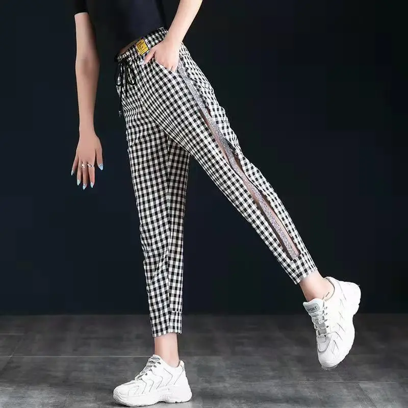 Black White Checkered Mesh Pants for Women in Spring and Summerlarge Size Loose Casual Pants Silver Edge Nine Point Harem Pants