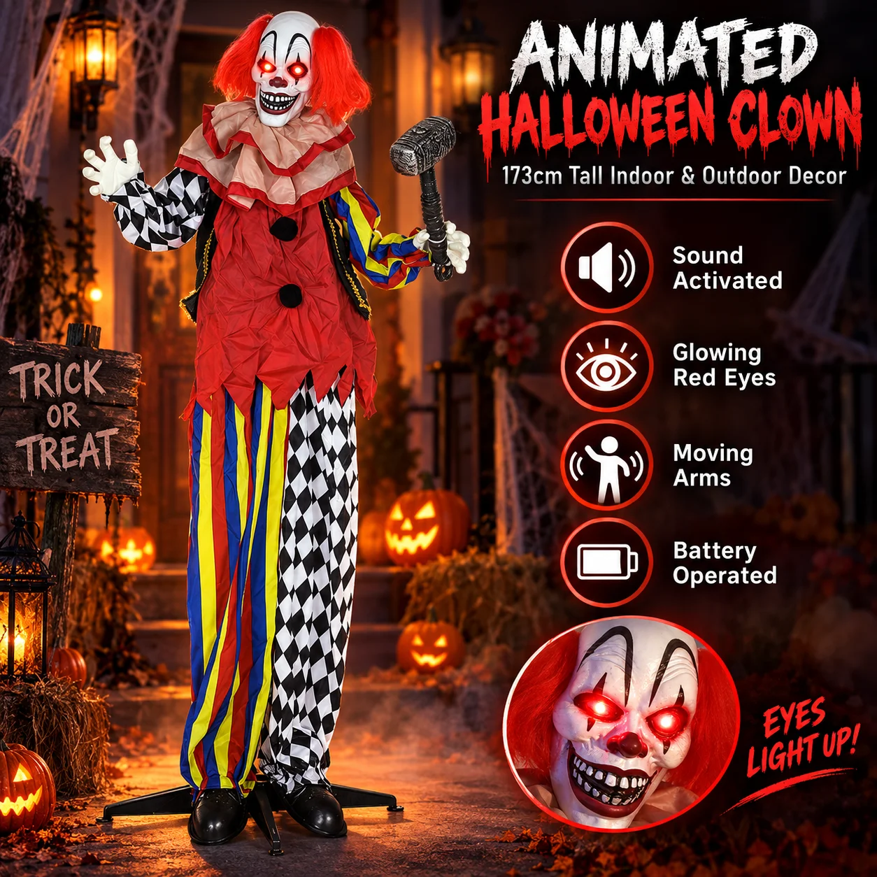Decorazione moderna a tema Halloween con clown animato, ideale per la casa: un elemento scenografico spaventoso attivato dal suono, con occhi rossi luminosi e braccia in movimento, alimentato a