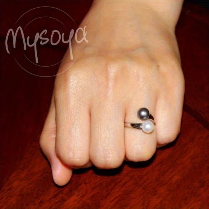 

MYSOYA Adjustable Double Pearl Ring White Black Freshwater Pearl Rings For Women With Gift Box Perfect Birthday Wedding Jewelry