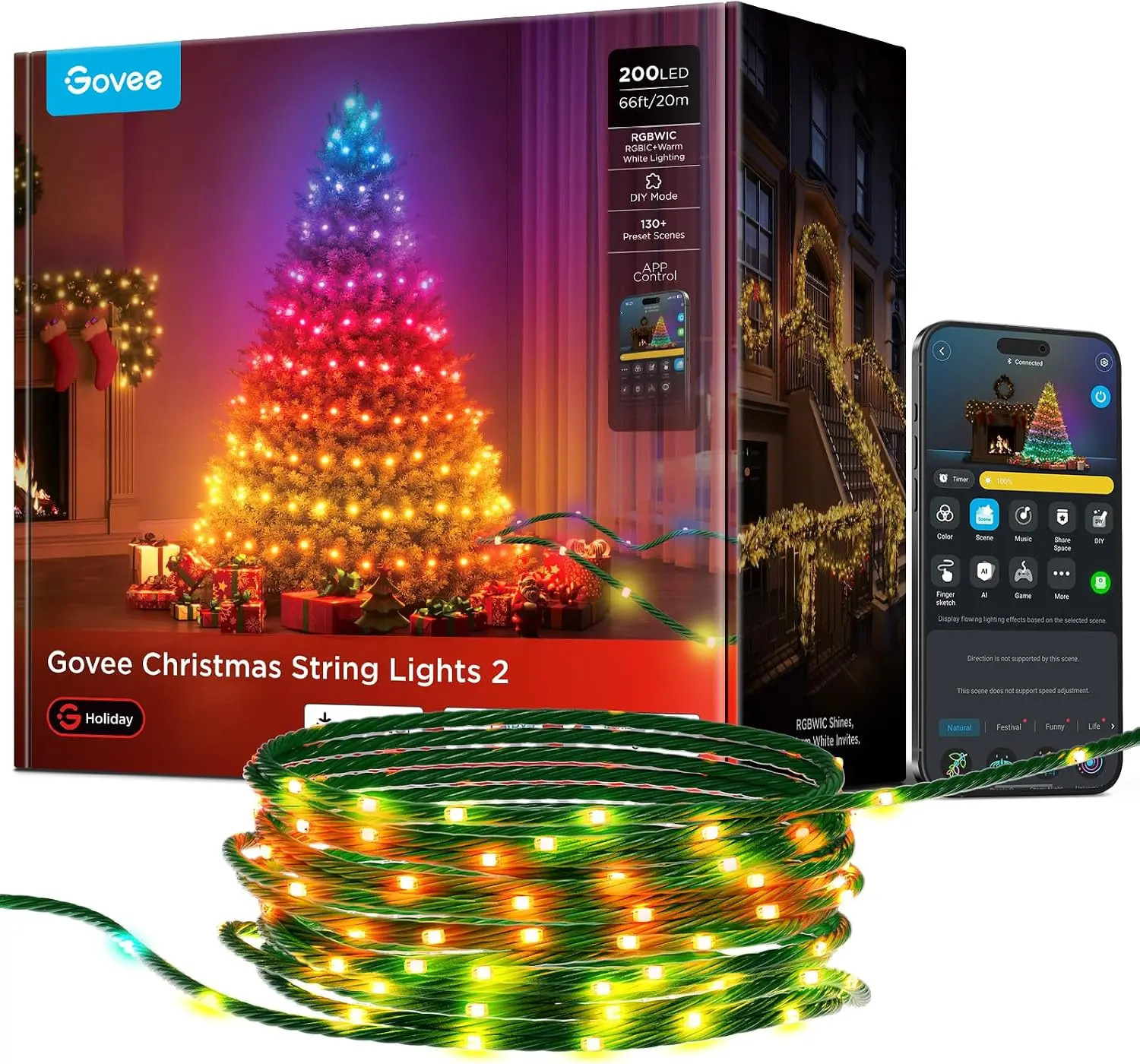 Christmas String Lights, 2 Pack, 66FT 200 LED Halloween Lights with Green Wire