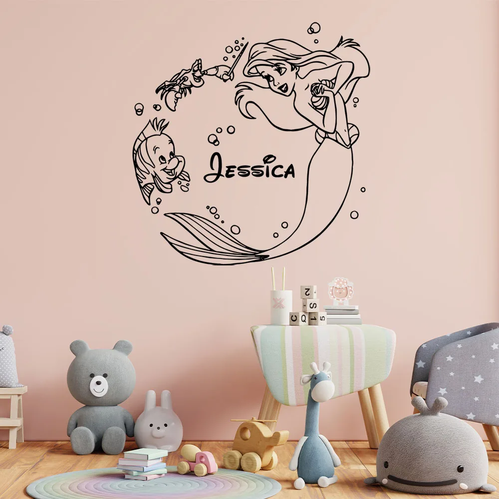 1PC Excellent Autocollant Mural Personnalisé Sirène avec Nom, en Vinyle Amovible, Affiche Murale pour Bureau, Décoration Murale Étanche