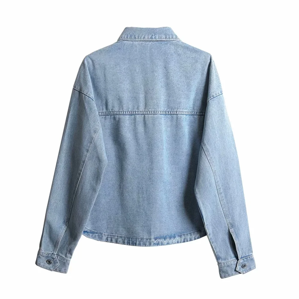 PB&ZA 2024 Spring New Women\'s Fashion temperament casual loose and versatile short flip collar single breasted denim jacket