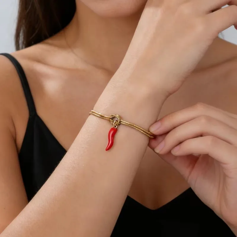 Red Chili Pepper Pendant Chain Bracelet Stainless Steel Women Love Knot Snake Chain Bracelets Good Luck Protection Jewelry Gift