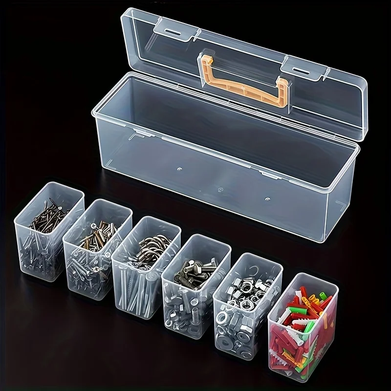 7pcs Tool Storage Box Set With 6 Detachable Inner Bins Portable Plastic Hardware Organizer Case For Screws Nuts Beads Fishing