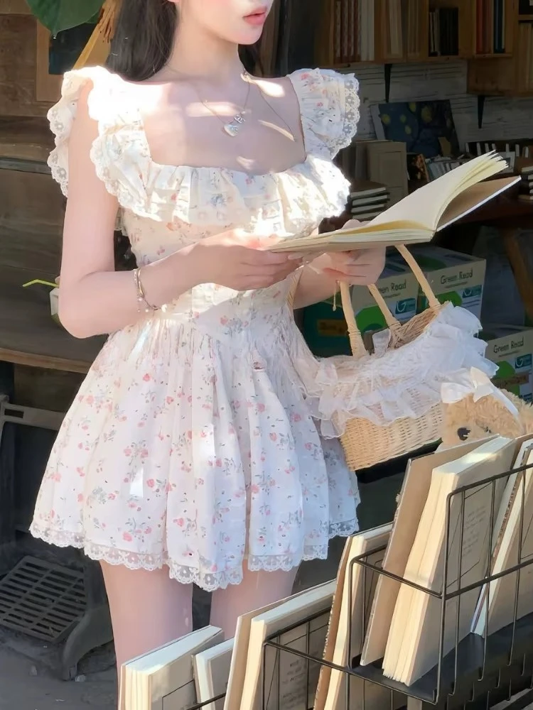 Francese Vintage Elegante Floreale Vestito Sottile Delle Donne di Estate Y2k Dolce Puro Desiderio Slash Neck Abiti Corti Harajuku Moda Nuovo 2025