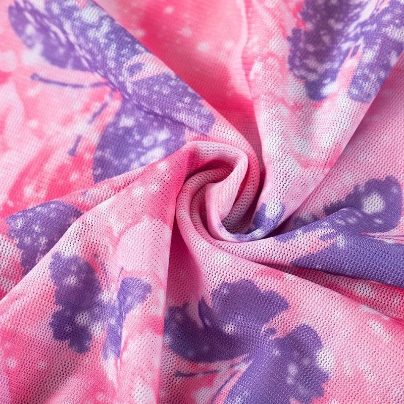 Camiseta de manga corta con estampado de mariposa para chica de Milenio Y2k, camiseta de verano de malla con perspectiva, borde de volantes, para adelgazar, refrescante para mujer