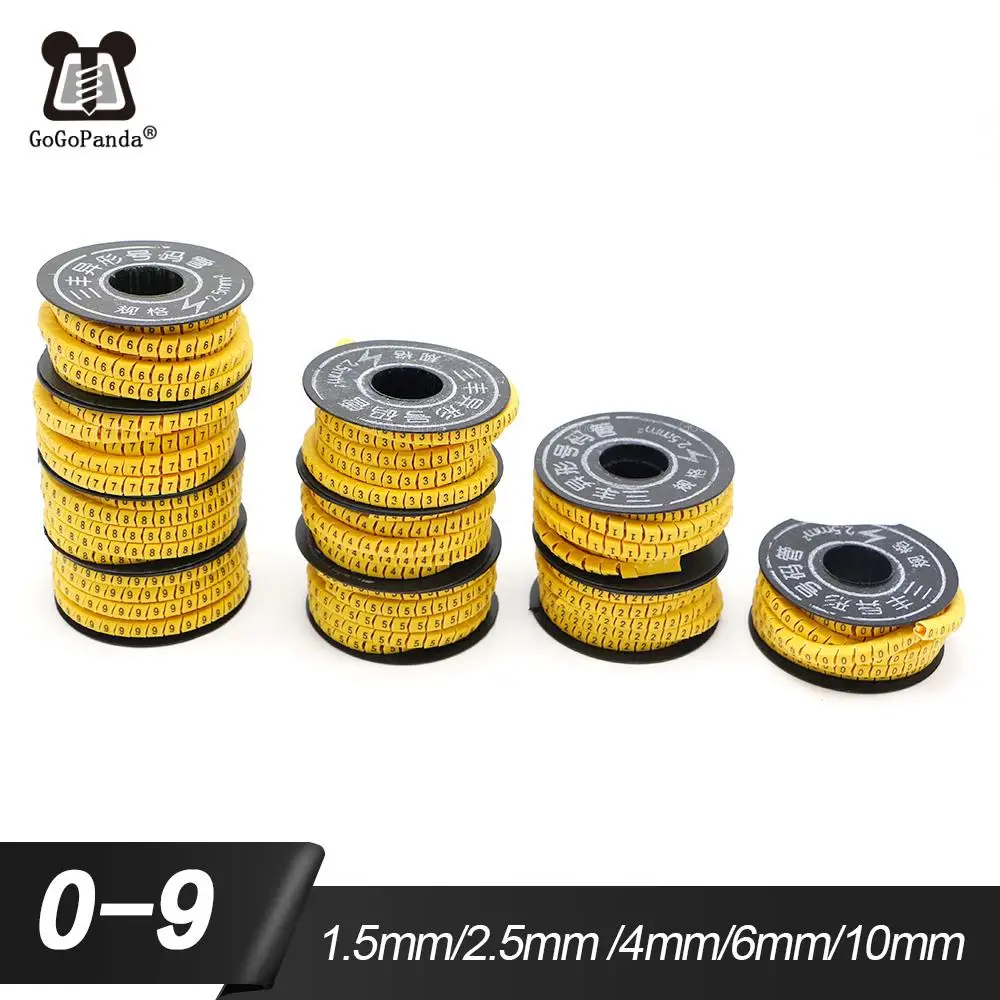 10 Rolls/Lot 1.5mm - 6mm Square Wire Cable Marker Cable Sleeve PVC Number 0-9 2.5mm 4mm 10mm