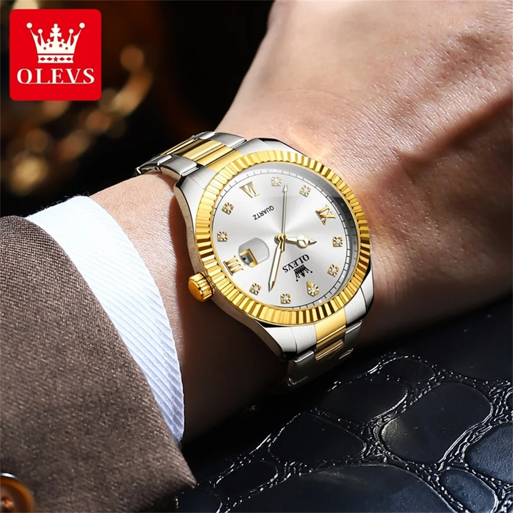 OLEVS-Reloj de pulsera de cuarzo para hombre, cronógrafo de lujo con correa de acero inoxidable, resistente al agua, calendario luminoso, ideal para regalo de negocios, novedad de 3623