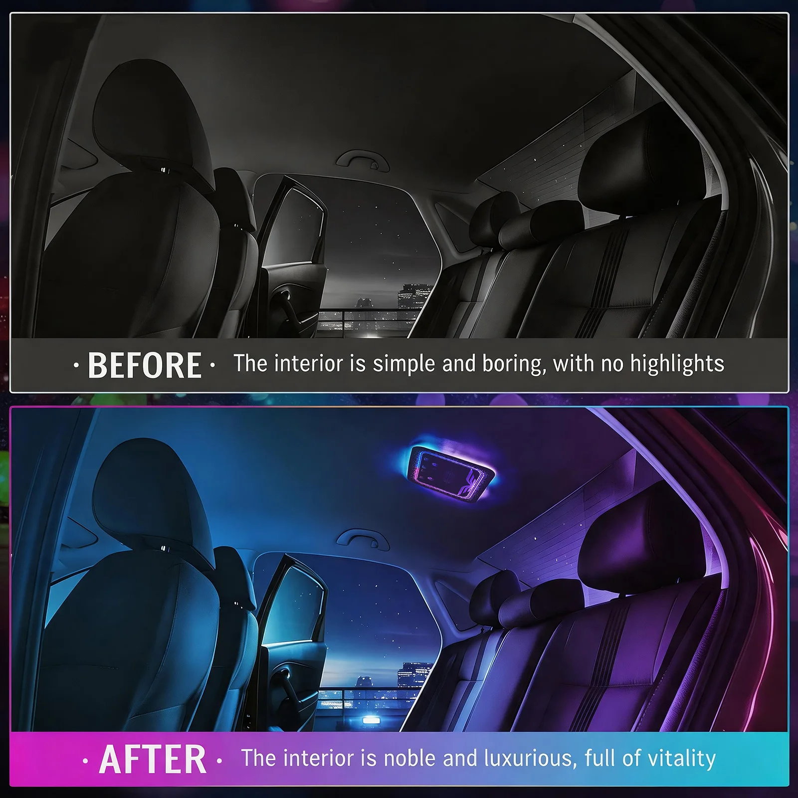 Universal RGB Car Roof LED Reading Light Colorful Ambient Atmosphere Light Panel Decorative Lamp Auto Interior Upgrade Refit Modified Ceiling Dome Light for Car Interior Decoration