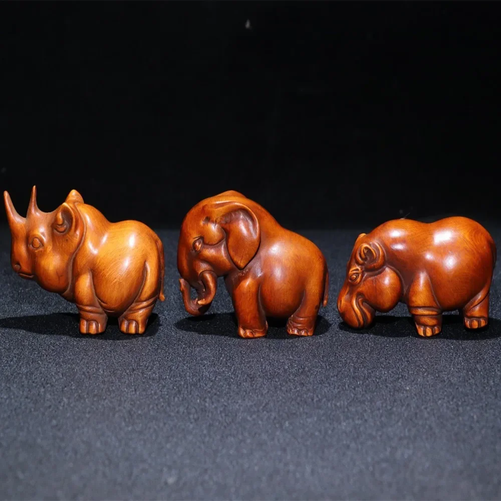Miniature elephant, rhinoceros, hippo, handmade wooden animal figurine, African three treasures sculpture, home decoration handi