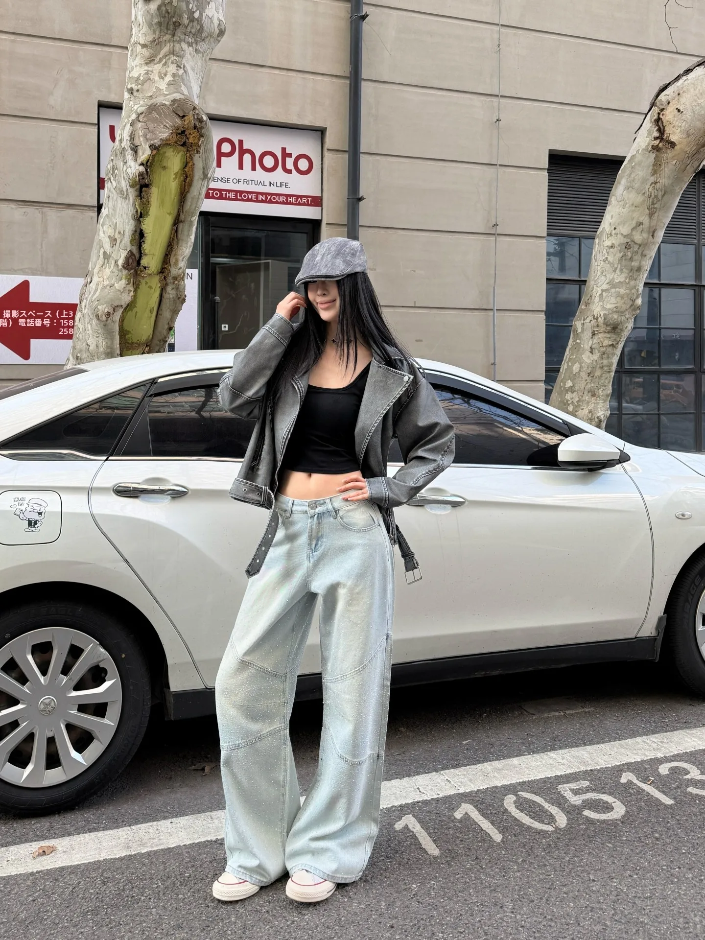 

Джинсы женские с высокой талией, широкими штанинами, прямые, в пол, с блестящими стразами, бренд Tristine, хлопковый материал