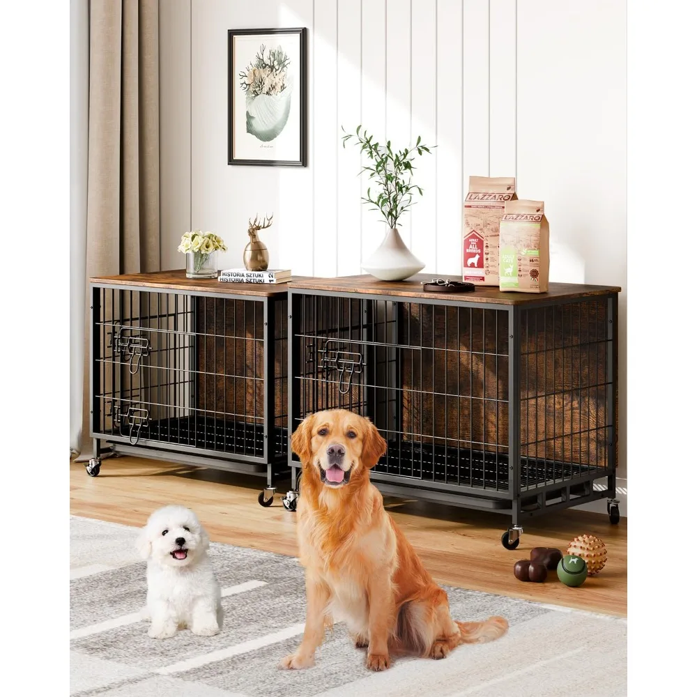 

Furniture Style Dog Crate With Removable Tray and Wheels, 2024 New Heavy-Duty Double-Doors Cage End Table, 27.2" Wooden Kennel,