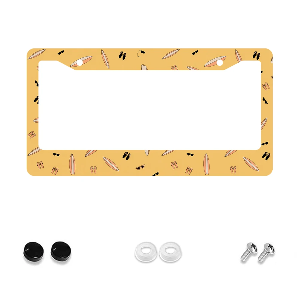 1pc Yellow Surfboard Pattern 2-Hole License Plate Frame, Aluminum Material, 6x12 Inches with Screw Car Decoration Gift