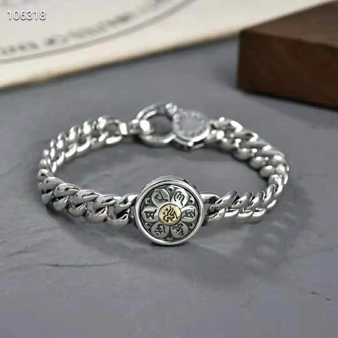 

925 sterling silver six character mantra rotating bracelet for men's trendy retro personality glossy nine palace gossip Thai sil