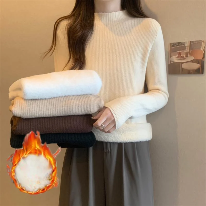 

Plus Fleece Thicken Elastic Bottoming Sweaters Women New Winter Half High Collar Multicolor Comfortable Slim Solid Knitted Tops