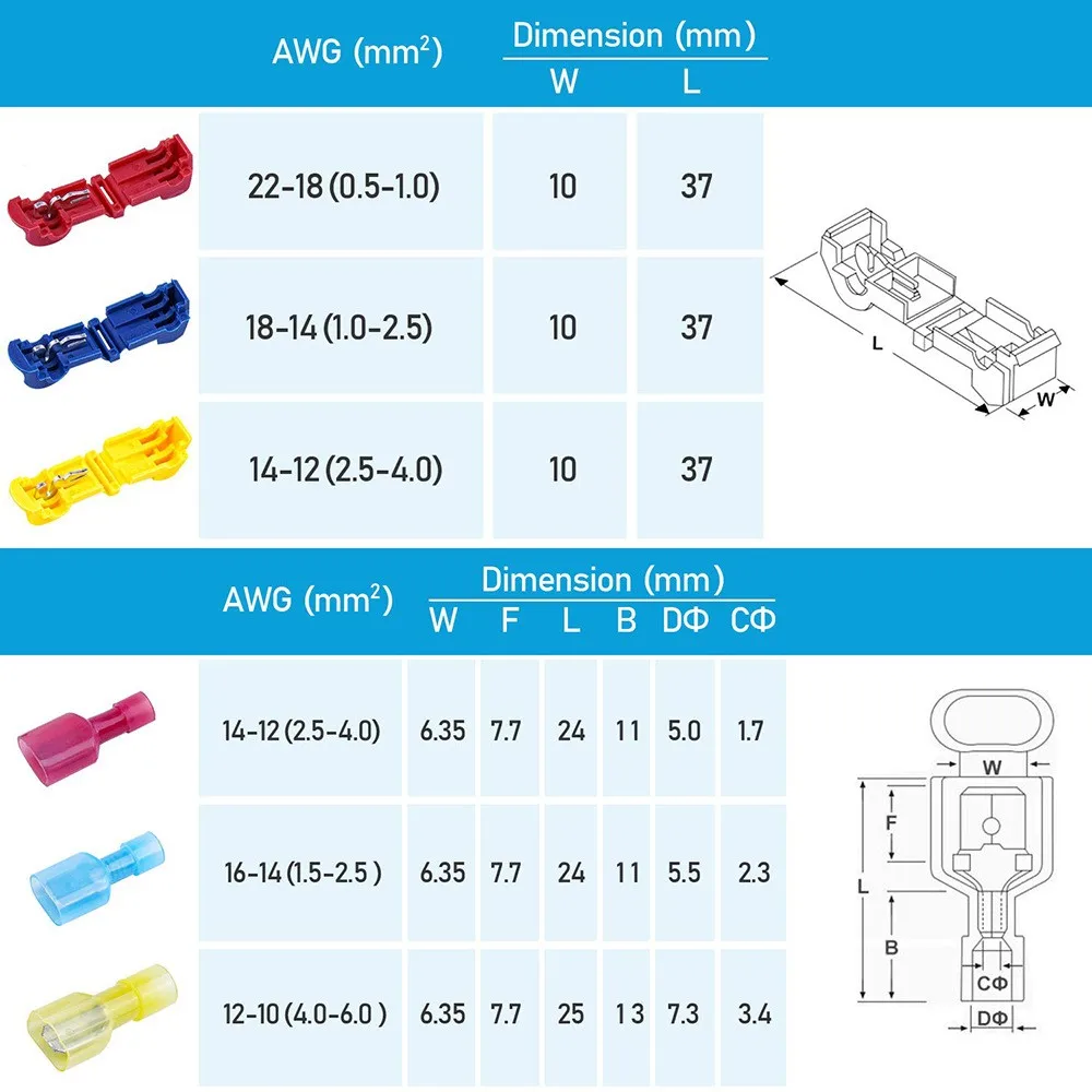 120pcs/60pairs T-Tap Wire Connectors, T Tap Electrical Connectors Quick Wire Splice Taps and Insulated Male Quick Disconnect