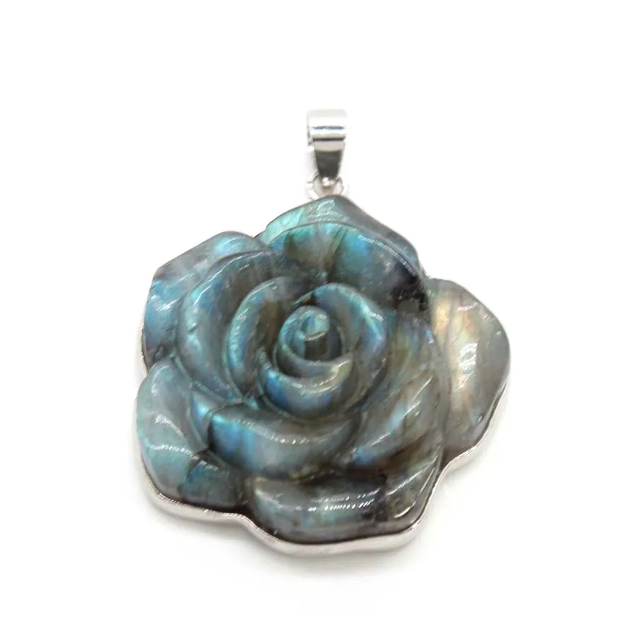 Hand Carved Labradorite Rose Flower Stone Pendant For Women Necklace DIY Natural Labradorite Gemstone Pendant Jewelry No Chain
