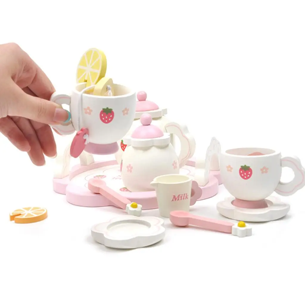 Pretend Play Wooden Tea Set, Include Kettle, Cups, Dishes, Cute Strawberry Painted, Non-, Toy, Development