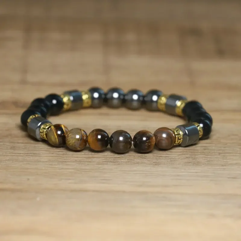 8 mm Tigerauge-Perlenarmband-Set für Damen |   Böhmische Spacer-Perlen aus gemischtem Stein und Metall |   Schichtschmuck aus natürlichem Edelstein