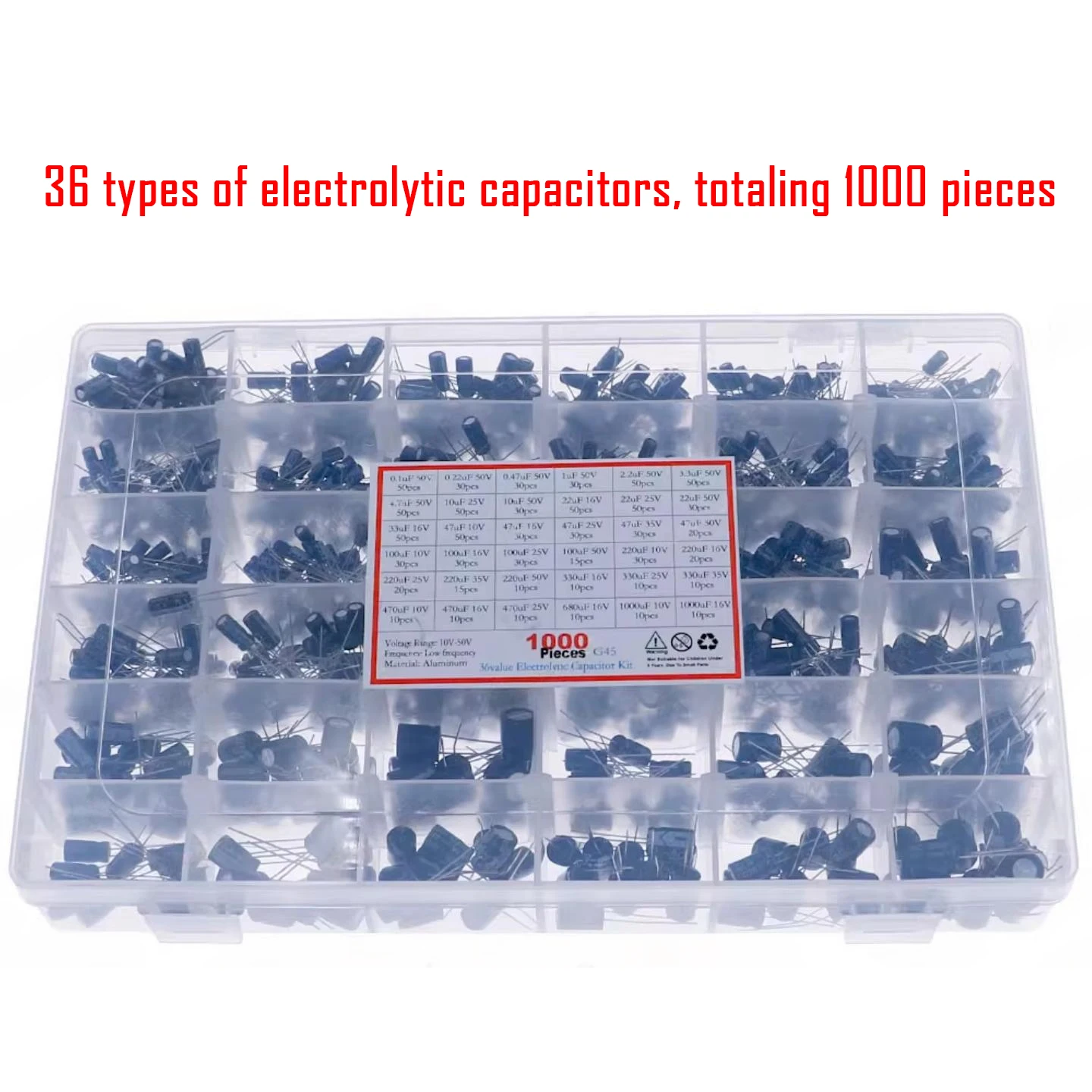 

1000PCS of 36 specifications (0.1uF - 1000uF) through-hole capacitor mixed electrolytic capacitor combination set