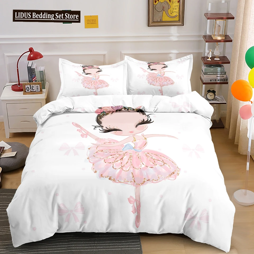 

Ballet Dancer Girl Duvet Cover Set White Princess Bedding Set Cute Cartoon Bedclothes Queen King Size Polyester Comforter Cover