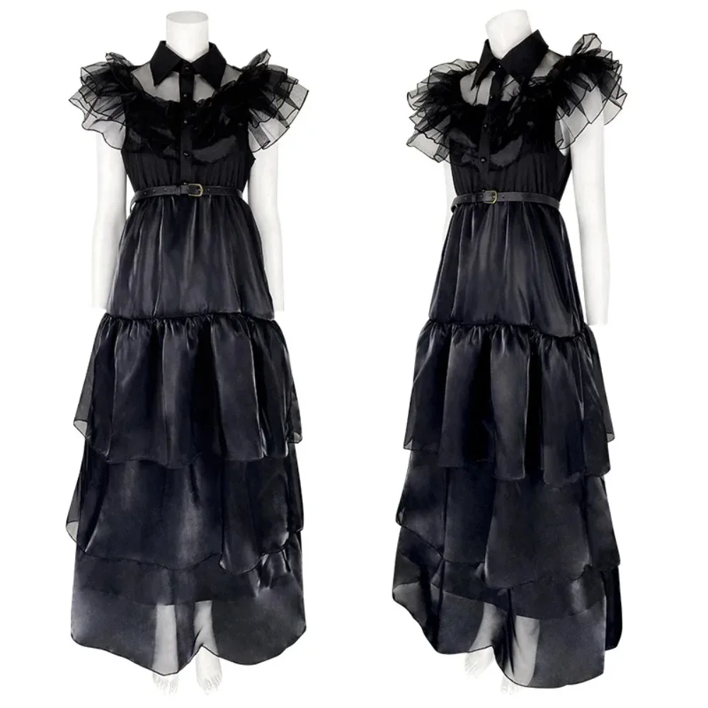 

Wed Cosplay Costume Addams Girls Disguise Full Set Short Sleeve Ball Dress for Adult Halloween Carnival Party Clothe Roleplay
