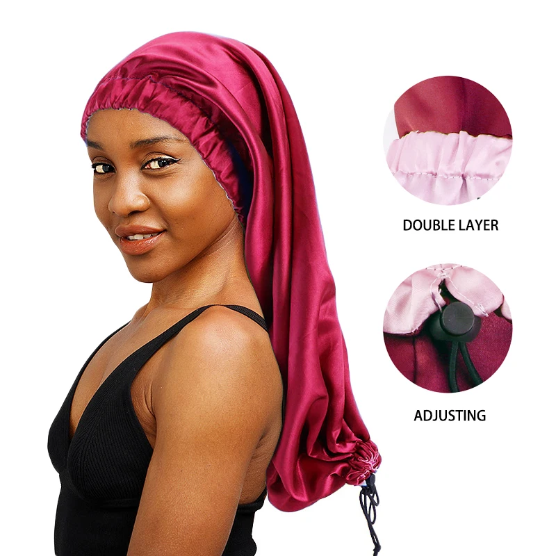 NewWomen Adjustable Long Satin Bonnet Sleep Cap For Long Hair Satin Bonnet For Long Braids Satin Bonnet Cap Night Sleep Hat