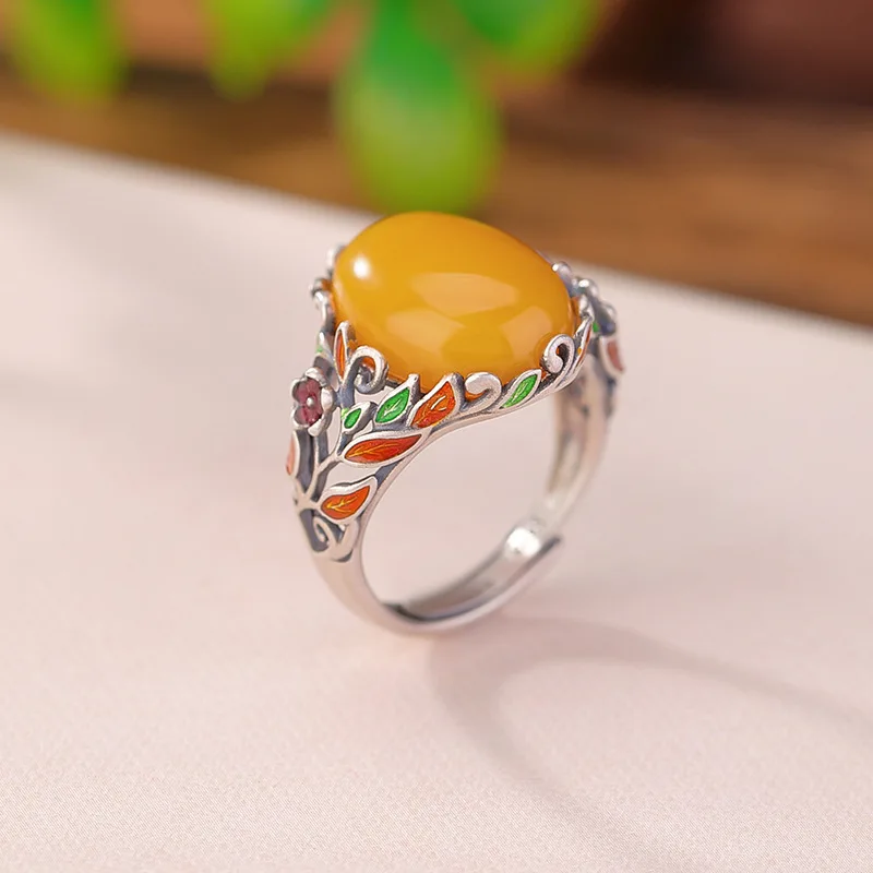 S925 Sterling Silver Amber Style Enamel Leaf Cabochon Elegant Versatile Ring