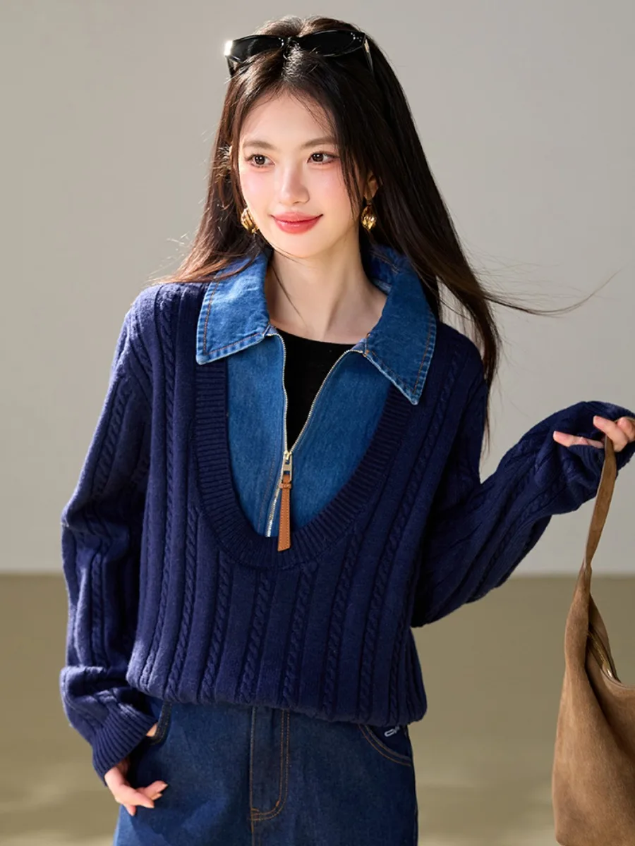 Casual Loose Women's Knitted Sweater Denim Patchwork Autumn Winter Fashion Half Zipper Very Attractive Comfortable Long Sleeve