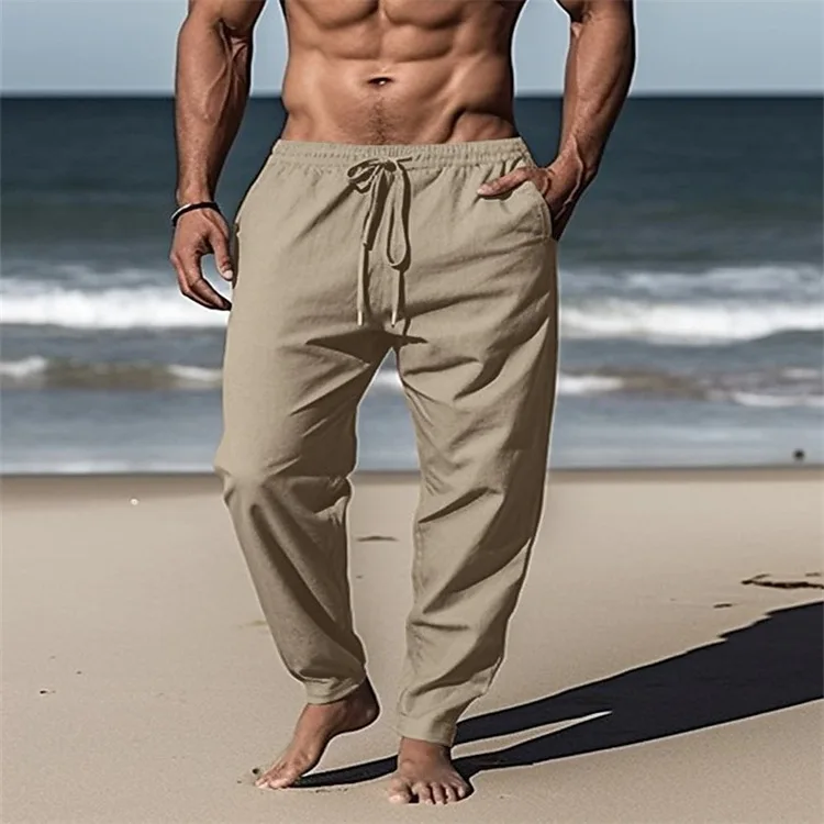 

Men Linen Solid Color Drawstring Slant Pocket Breathable Casual Slim Pants