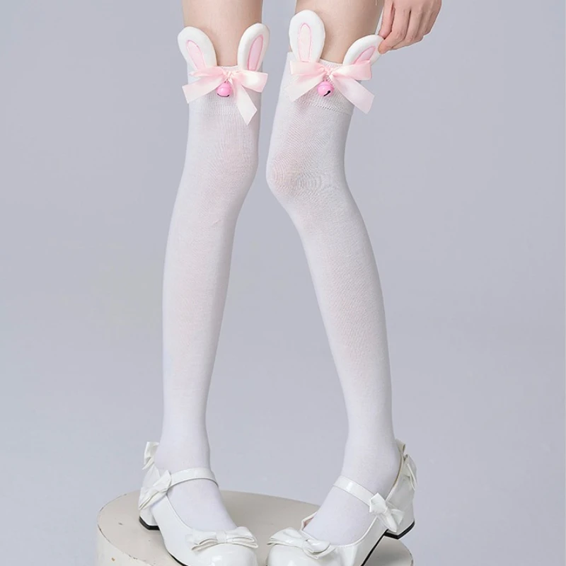 Kawaii Plush Rabbit Ear Bow Bell Over Knee Cotton Socks for Girls, White Stretch Thigh High Stockings Lolita JK Cosplay Hosiery