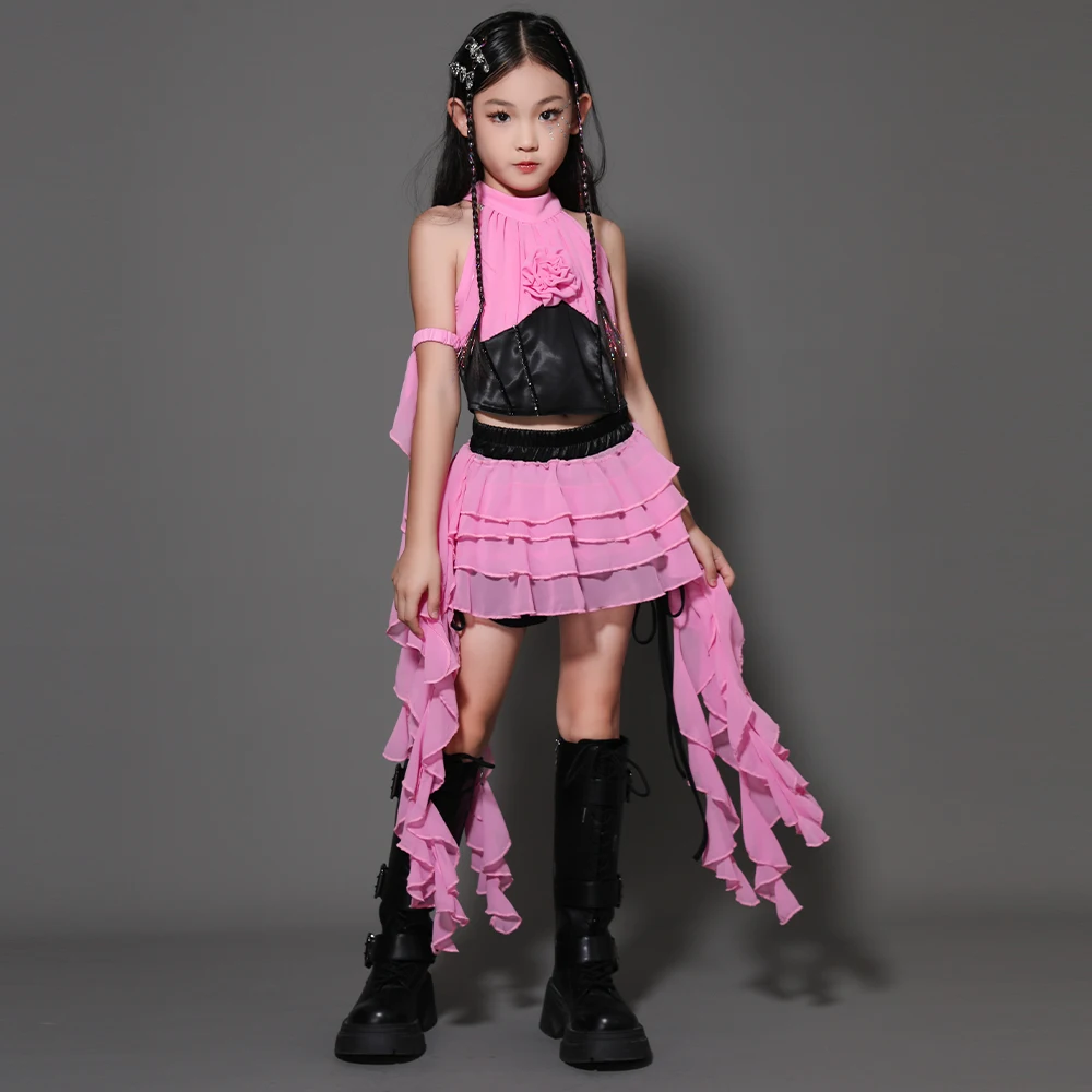Kinderen Stage Catwalk Outfit Roze Verstoorde Jazzdans Kostuum Meisjes Ballroom Dansvoorstelling Kleding Street Wear XS10495