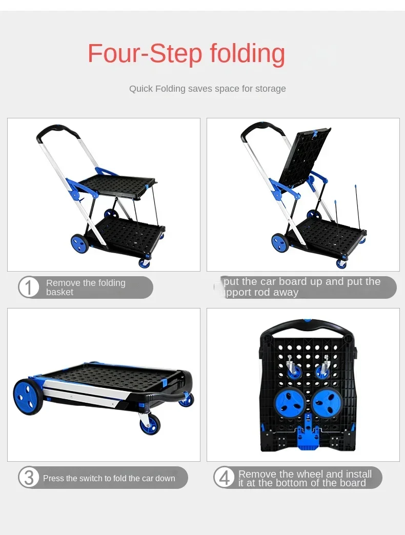 Mobile folding double-layer shopping Collapsible hand buggy portable trolley Shopping cart with Storage Crate Platform Truck