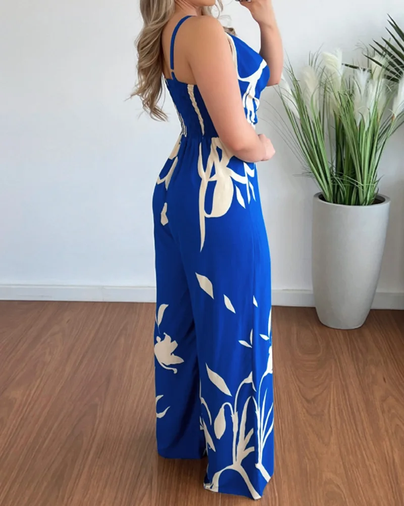 Casual Jumpsuit Vrouwen Spaghettibandje Zak Helemaal Over Print Overalls Schommel Kraag Mouwloze Hoge Taille Wijde Pijpen Losse Jumpsuits