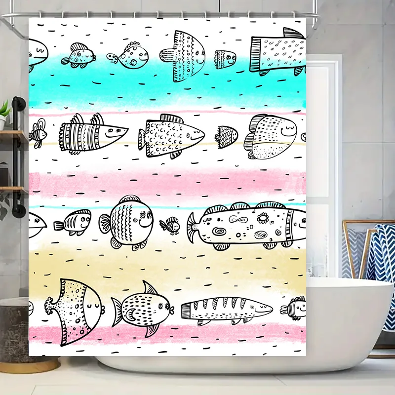 

Занавеска для душа с рисунком рыбы в мультяшном стиле синего, розового и желтого цвета 180x180 см для украшения ванной комнаты