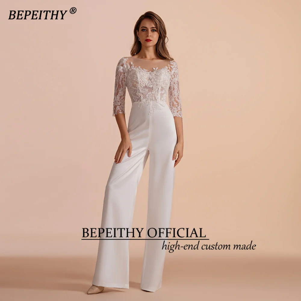 BEPEITHY Aangepaste Scoop Halve Mouwen Kant Bruiloft Jurk 2023 Voor Vrouwen Lange Afneembare Rok Avond Prom Dress Jumpsuite