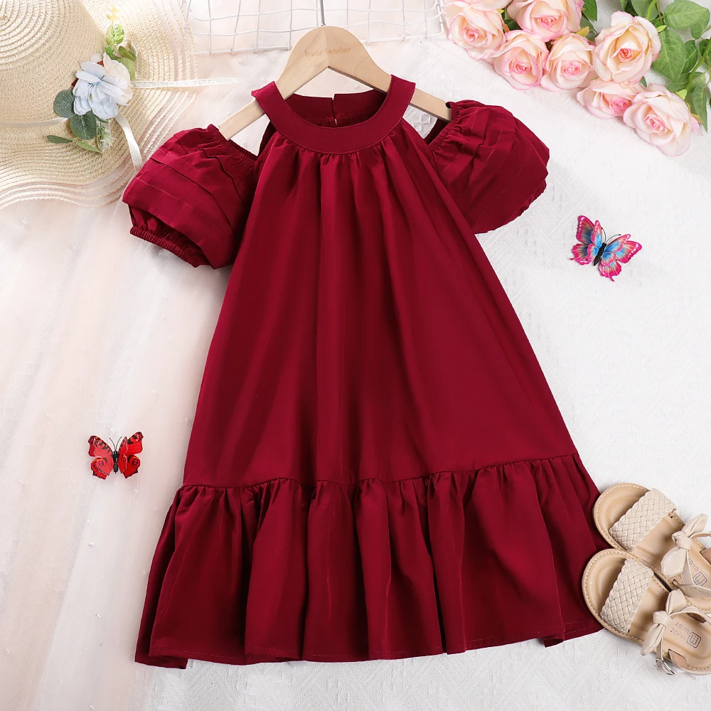 Bear Leader Summer Dress New Girls Korean Edition Bubble Sleeve Hollow Solid Cotton Ruffle Dress Children's Casual Fashion Dress