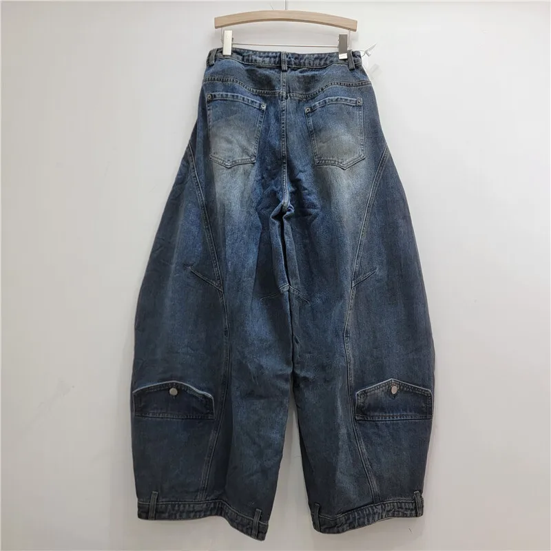 ANJY Autumn Winter New Women Fashion Unique Design Distressed Jeans Chic Ins Reversed Waistband Tide Wide Leg Denim Pants A16955