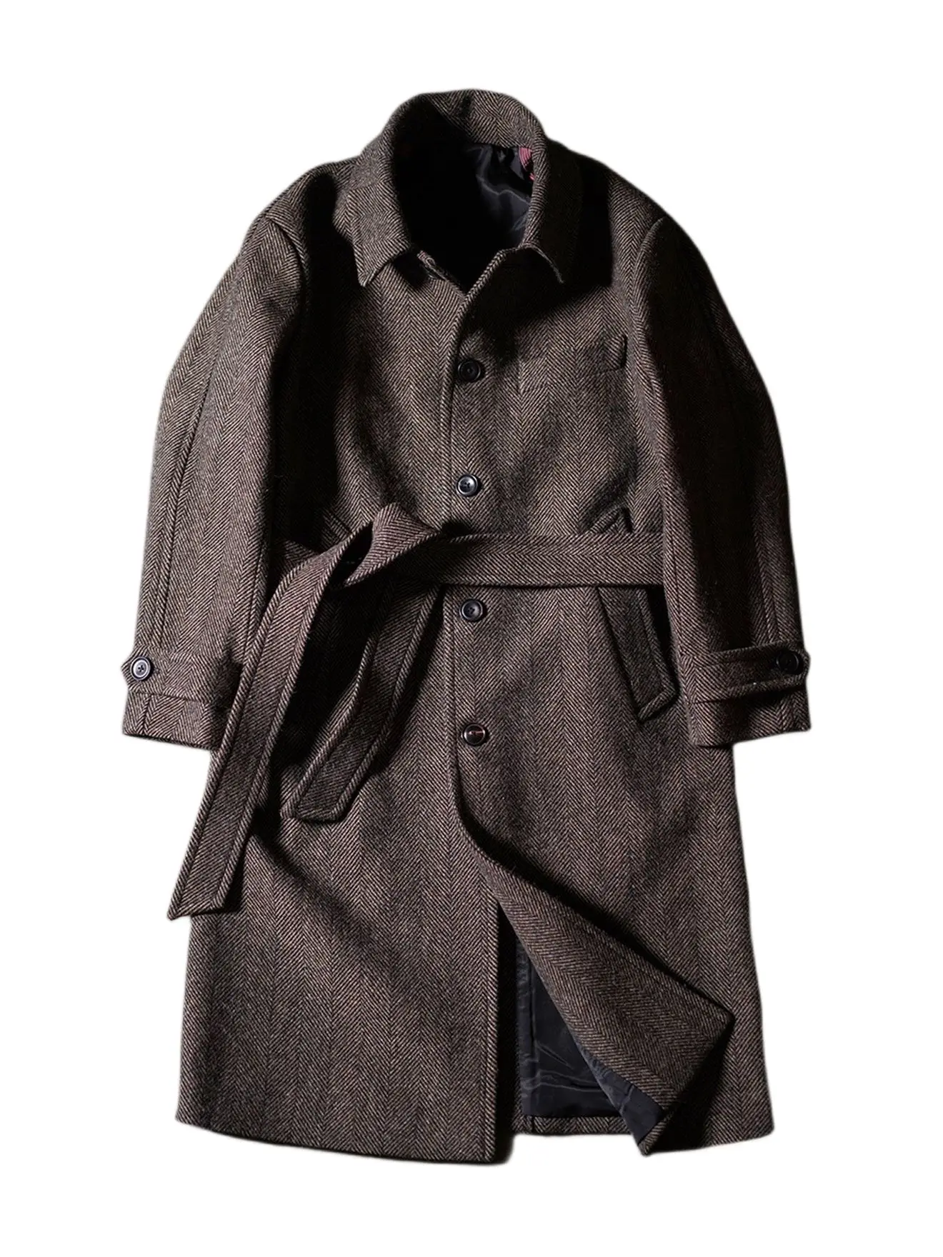 Men\'s Herringbone Tweed Balmacaan Coat Business Elegant Style Vintage Overcoat