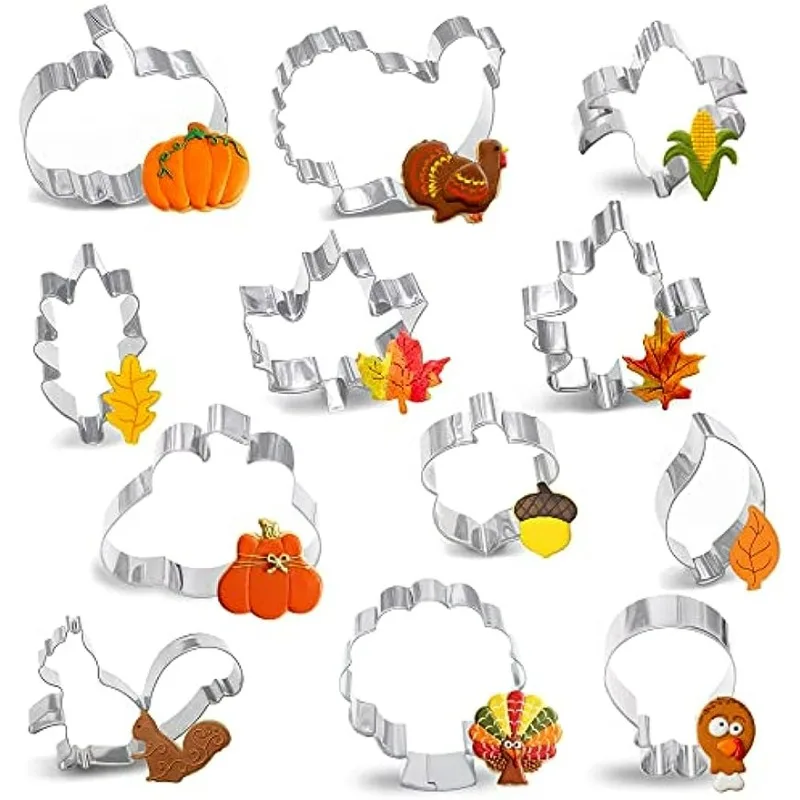 12 PCS Large Fall Thanksgiving Cookie Cutter Set - Turkey,Pumpkin,Maple/Oak/Teardrop Leaf,Squirrel, Acorn,Corn,and Turkey Leg