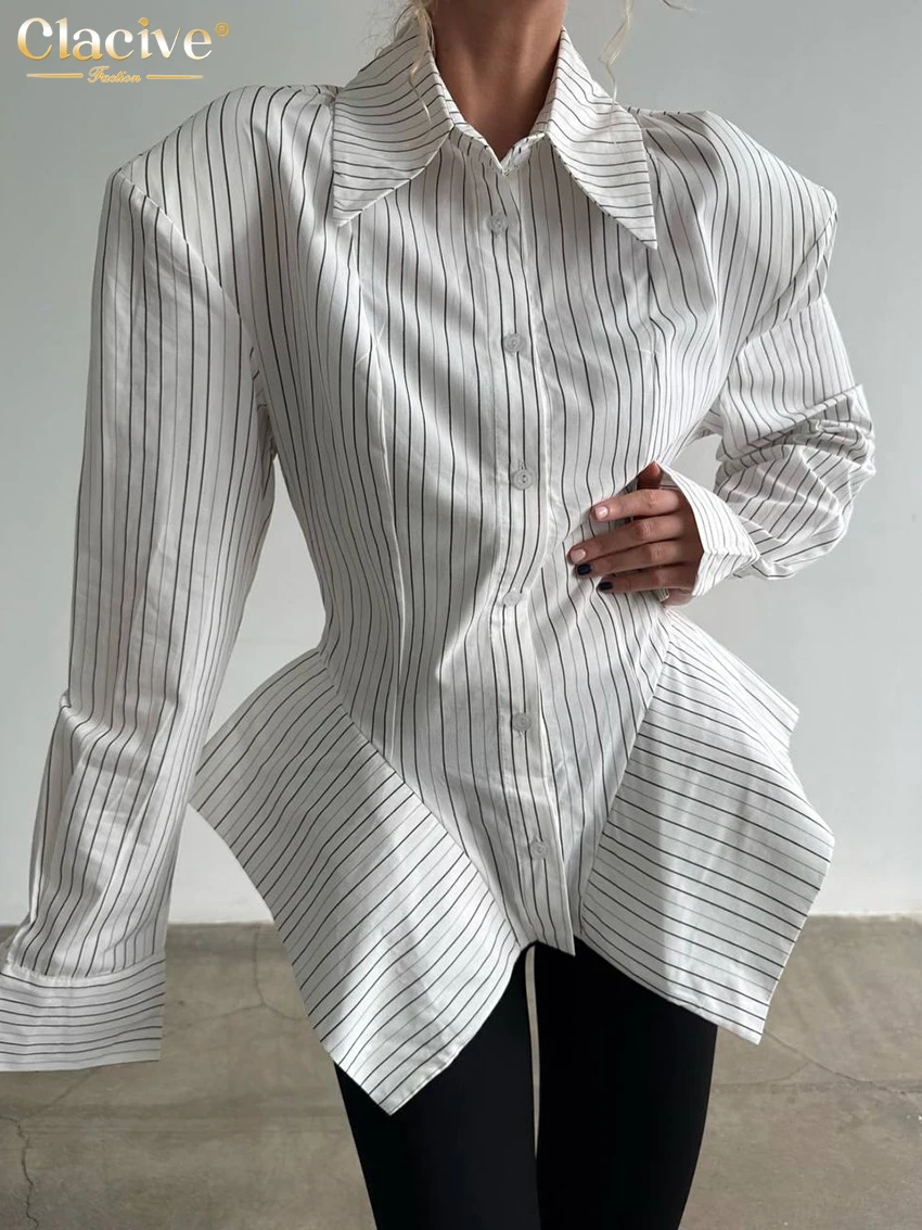 Clacive Spring Loose Stripe Print Women's Blouse 2027 Fashion Lapel Long Sleeve Lady Shirt Elegant Classic Top Female Clothing