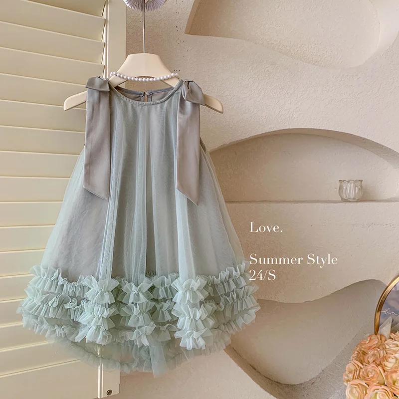 2024Summer Korean Style Girls\' New Sleeveless Shoulder Bow Mesh Princess Dress Children\'s Midi Dress Tide