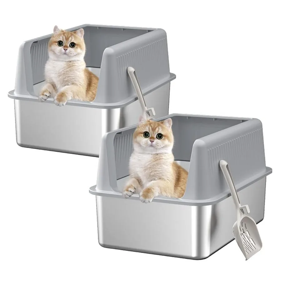 

2PACK Stainless Steel Cat Litter Box with Lid19.7" L x 13.8" W x 11.8"H Deep Large Metal Litter Box with High Side for Small an
