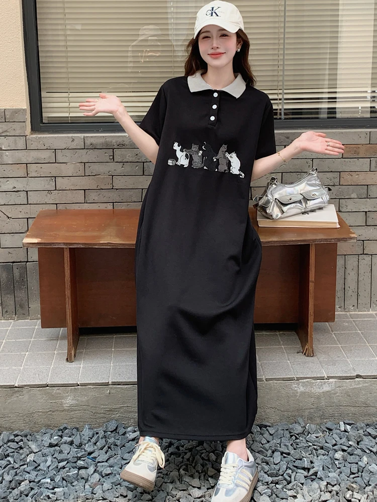 NYFS 2025 فستان نسائي كوري صيفي جديد من فيستدوس رداء Elbise فضفاض مقاس كبير برقبة بولو مطبوع وأكمام قصيرة فساتين طويلة #2