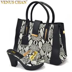 2022 Italian latest design black and white colorblock snake pattern platform women's high heels matching handbags for sale